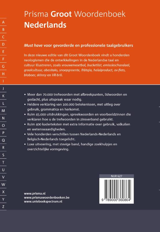 Achterkant van Prisma groot woordenboek Nederlands