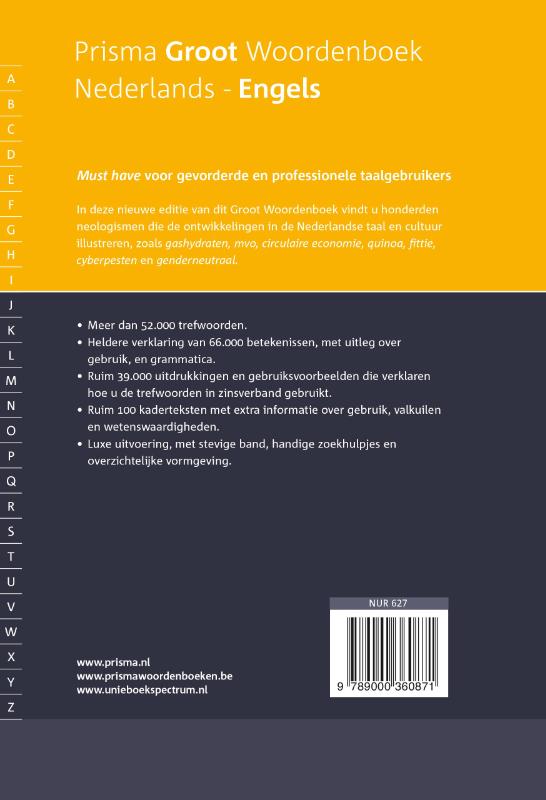 Achterkant van Prisma groot woordenboek Nederlands-Engels