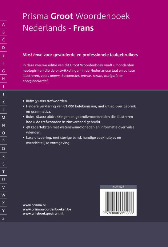 Achterkant van Prisma groot woordenboek Nederlands-Frans