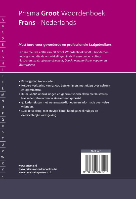 Achterkant van Prisma groot woordenboek Frans-Nederlands