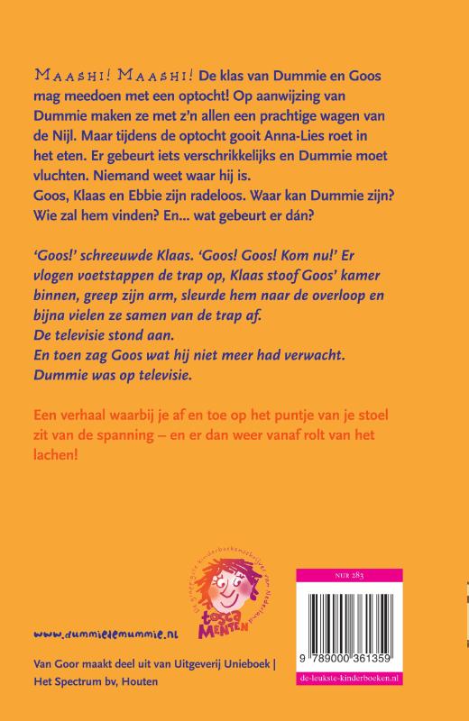 Achterkant van Dummie de mummie en het masker van Sebek-Ra