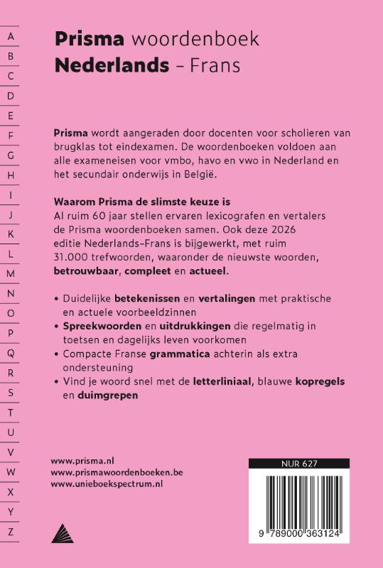 Achterkant van Prisma woordenboek Nederlands-Frans