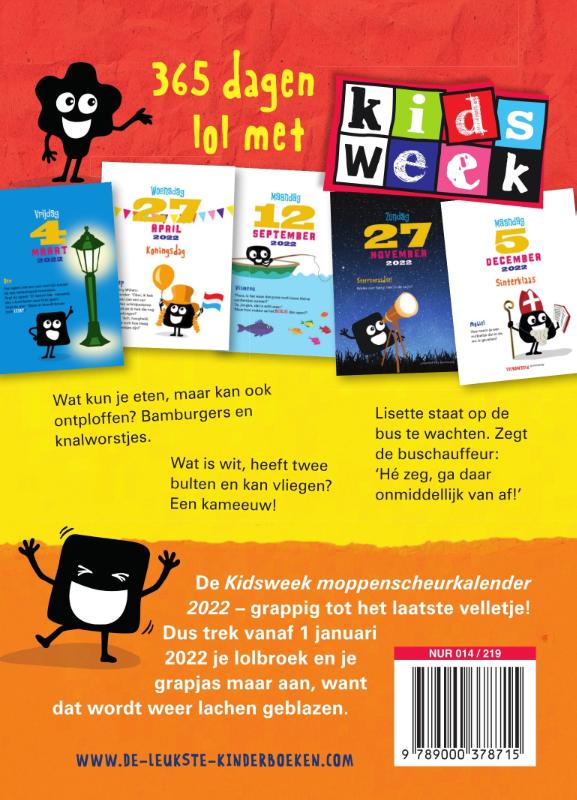 Achterkant van Kidsweek moppenscheurkalender 2022