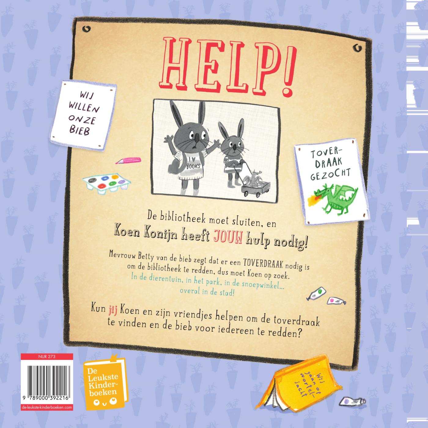 Achterkant van Help! Koen Konijn, redder van de bibliotheek