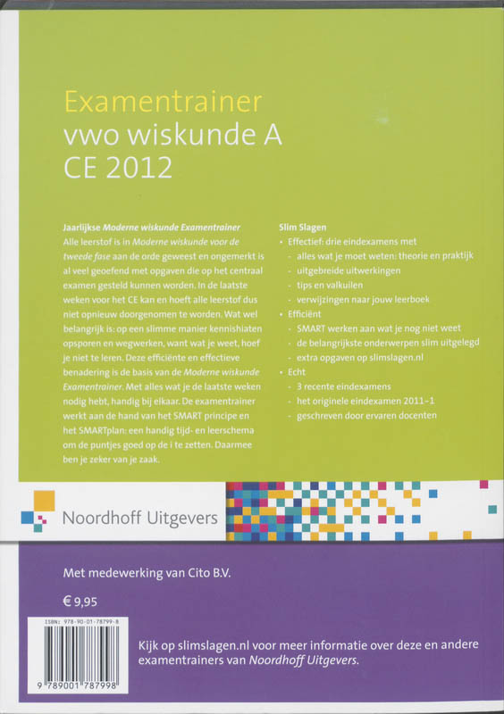 Achterkant van vwo wiskunde A CE 2012