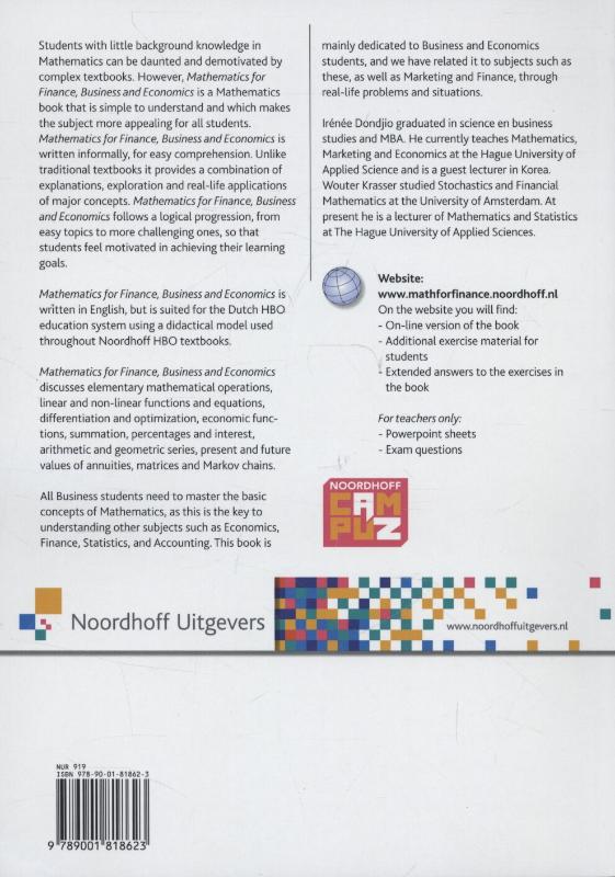 Achterkant van Mathematics for finance, business and economics