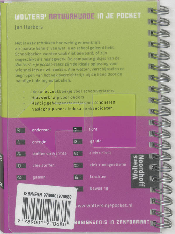 Achterkant van Wolters' Natuurkunde in je pocket