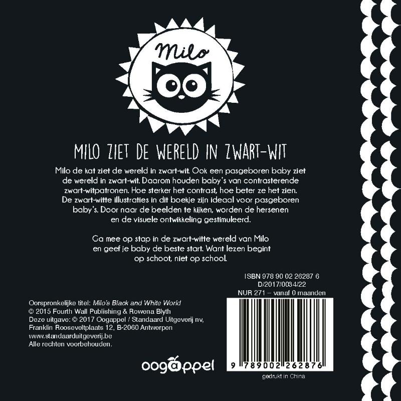 Achterkant van Milo ziet de wereld in zwart wit