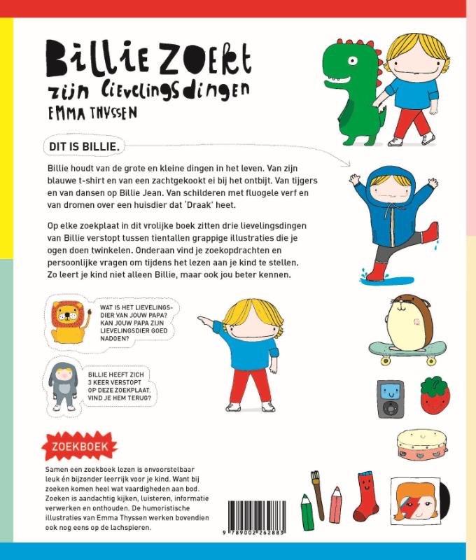 Achterkant van Billie zoekt zijn lievelingsdingen