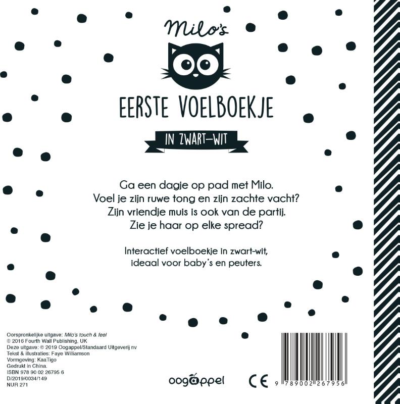 Achterkant van Milo's eerste voelboekje in zwartwit
