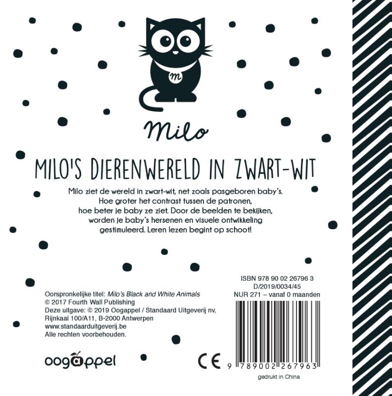 Achterkant van Milo's dierenwereld in zwart-wit