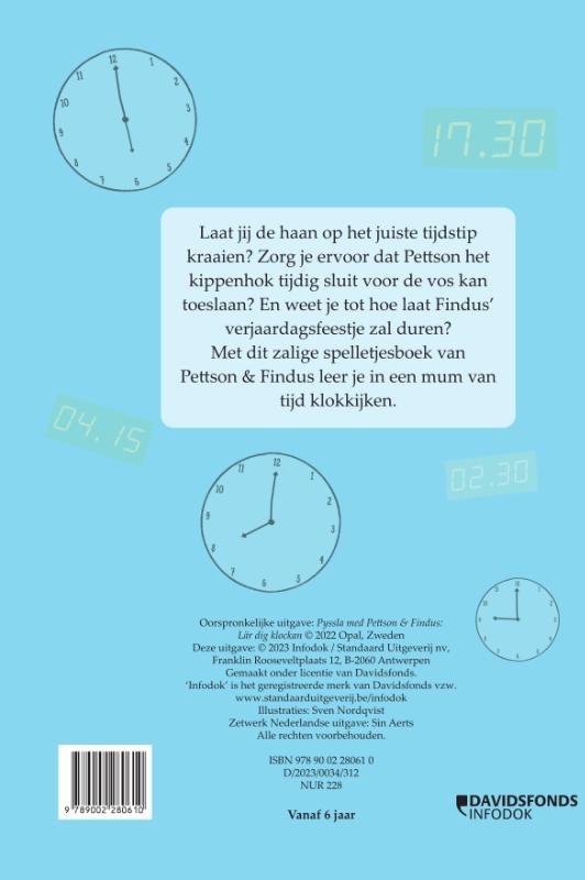 Achterkant van Pettson en Findus leren klokkijken
