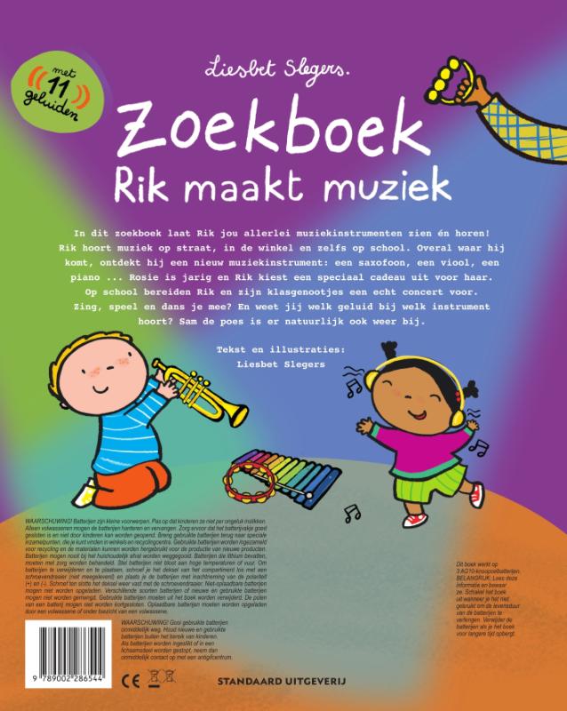 Achterkant van Zoek- en geluidenboek Rik maakt muziek
