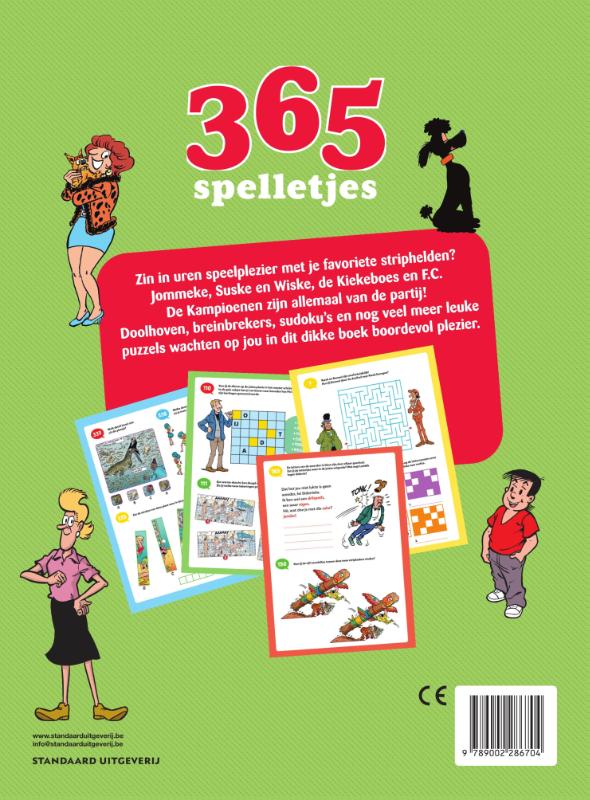 Achterkant van 365 spelletjes met al jouw favoriete stripfiguren