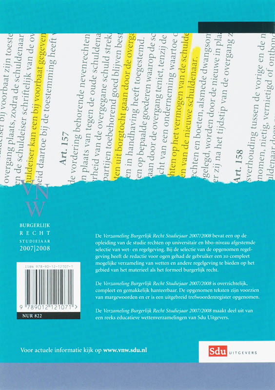 Achterkant van Verzameling Nederlandse Wetgeving Burgerlijk Recht Studiejaar 2007-2008