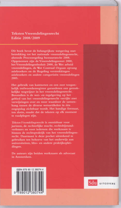 Achterkant van Teksten Vreemdelingenrecht 2008-2009