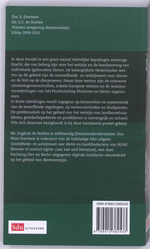 Achterkant van Teksten Wetgeving dierenwelzijn. Editie 2009-2009