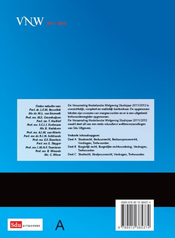 Achterkant van Verzameling Nederlandse Wetgeving 2011-2012
