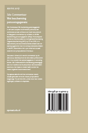 Achterkant van Sdu Commentaar Wet bescherming Persoonsgegevens. Editie 2017