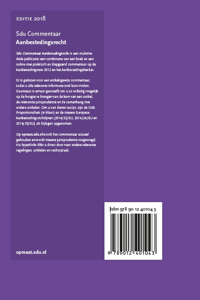 Achterkant van Sdu Commentaar Aanbestedingsrecht. Editie 2018.