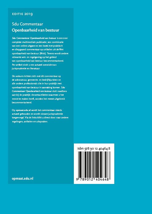 Achterkant van Sdu Commentaar Openbaarheid van Bestuur, Editie 2019