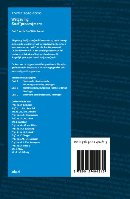 Achterkant van Sdu Wettenbundel Straf(proces)recht. Editie 2019-2020