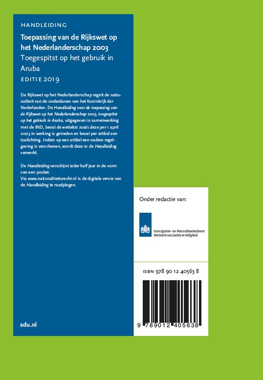 Achterkant van Toepassing van de Rijkswet op het Nederlanderschap 2003. Editie 2019. Aruba