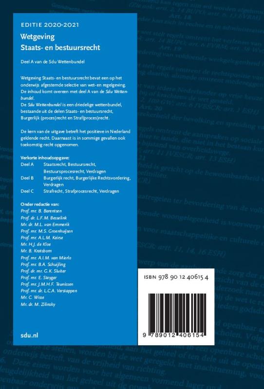 Achterkant van Sdu Wettenbundel Staats- en Bestuursrecht. Editie 2020-2021