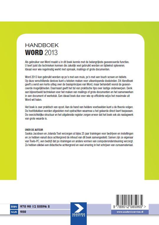 Achterkant van Handboek Word 2013