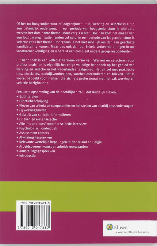 Achterkant van Handboek Werving en selectie