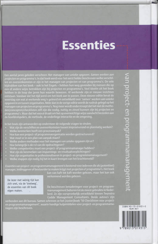 Achterkant van Essenties van project- en programmamanagement