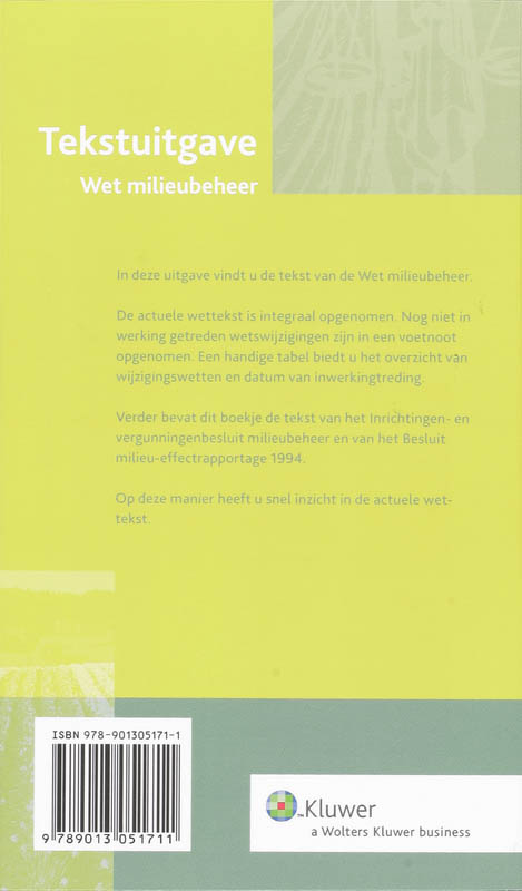 Achterkant van Tekstuitgave Wet Milieubeheer WMB