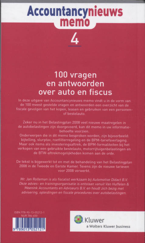 Achterkant van 100 Vragen en antwoorden over auto en fiscus
