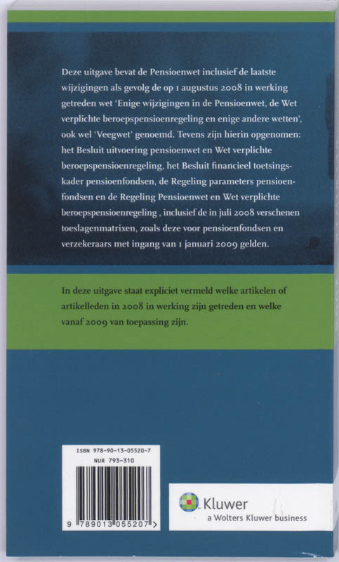Achterkant van Pensioenwet en aanverwante regelgeving 2008