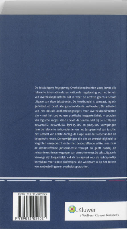 Achterkant van Tekstuitgave Regelgeving Overheidsopdrachten 2009