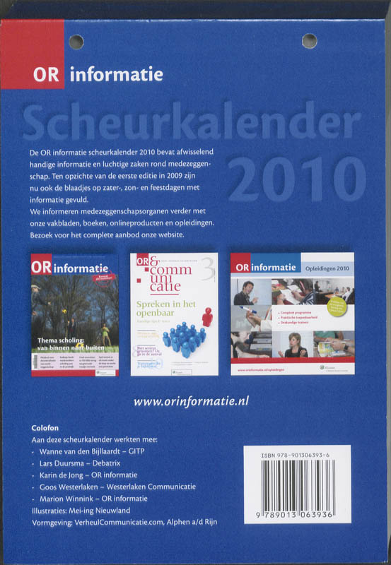 Achterkant van OR informatie scheurkalender 2010