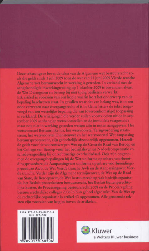 Achterkant van Tekstuitgave 2009/2010 algemene wet bestuursrecht