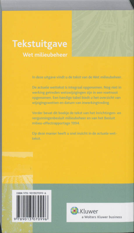 Achterkant van Tekstuitgave Wet milieubeheer 2010