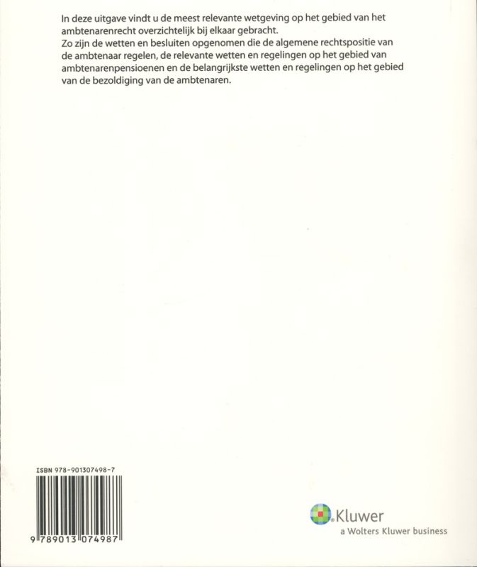 Achterkant van Ambtenarenrecht Wet- en regelgeving