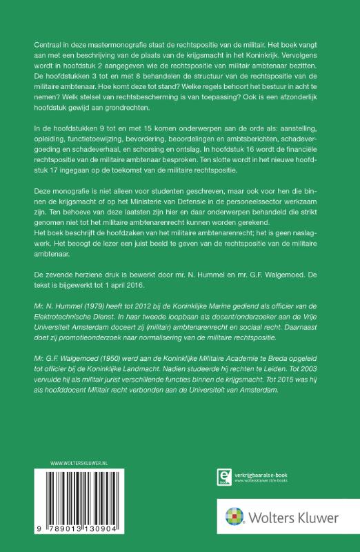 Achterkant van Hoofdzaken van het militaire ambtenarenrecht