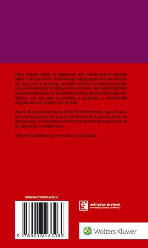 Achterkant van Tekstuitgave Algemene wet bestuursrecht 2015/2016