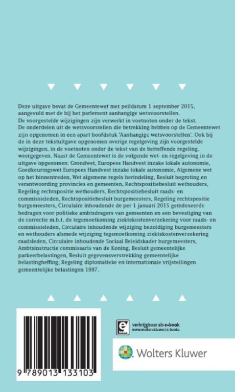 Achterkant van Tekstuitgave Gemeentewet 2015/2016