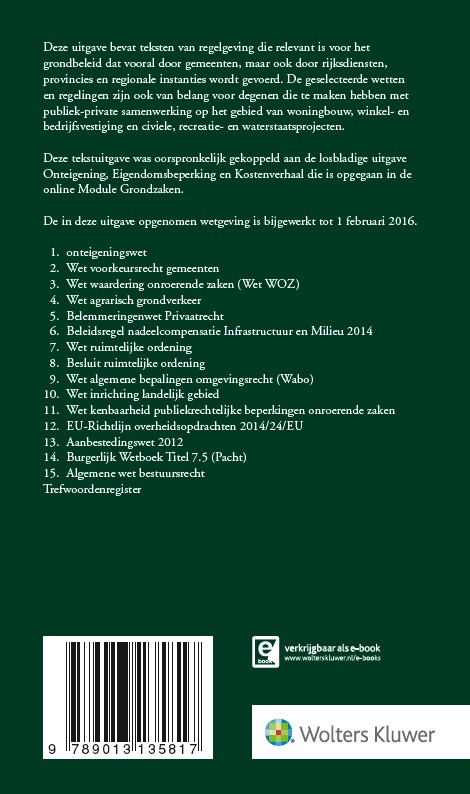 Achterkant van Tekstuitgave Regelgeving Grondzaken 2016