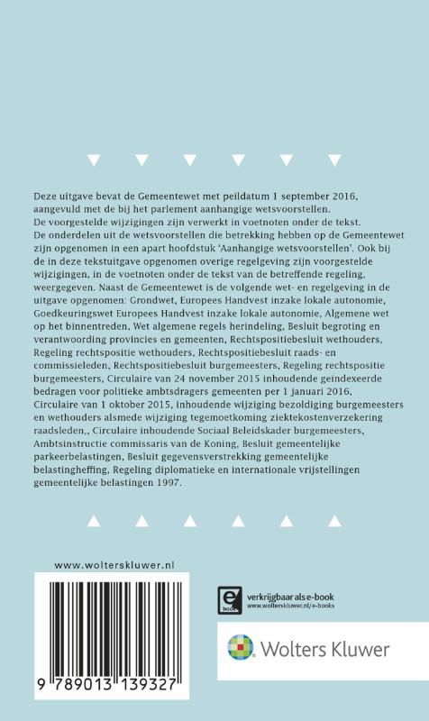 Achterkant van Tekstuitgave Gemeentewet 2016/2017