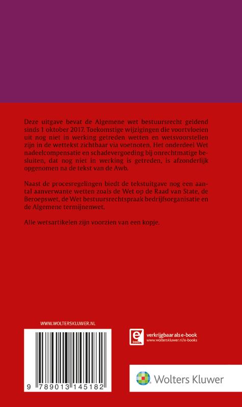 Achterkant van Tekstuitgave Algemene wet bestuursrecht 2017/2018