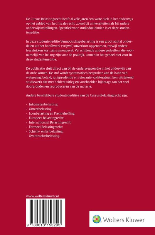 Achterkant van Studenteneditie Cursus Belastingrecht Vennootschapsbelasting 2019-2020