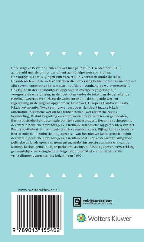 Achterkant van Tekstuitgave Gemeentewet 2019/2020