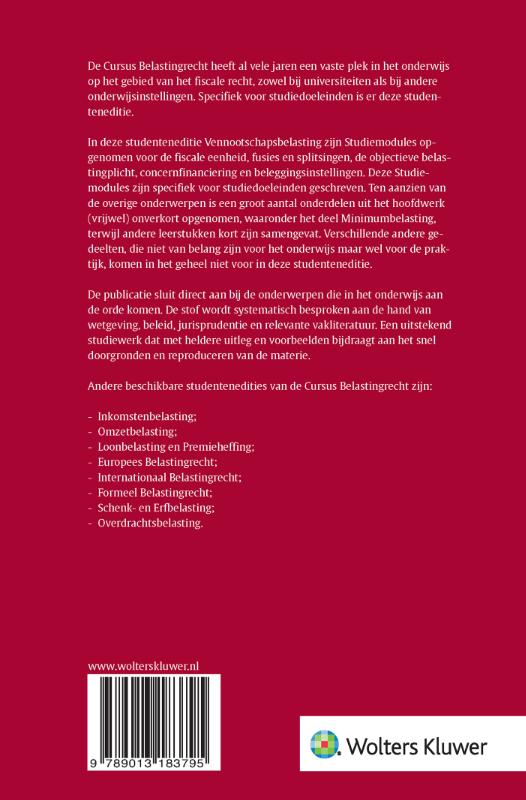 Achterkant van Studenteneditie Cursus Belastingrecht Vennootschapsbelasting 2026-2027