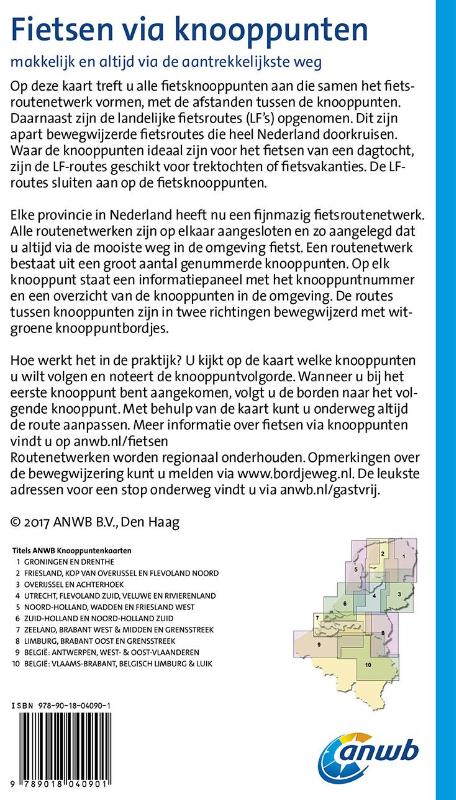Achterkant van ANWB knooppuntenkaart fiets Noord-Holland, Wadden en Friesland west