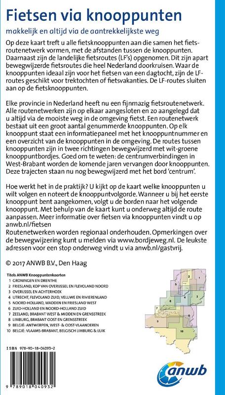 Achterkant van ANWB knooppuntenkaart fiets Zeeland, Brabant west & midden en grensstreek